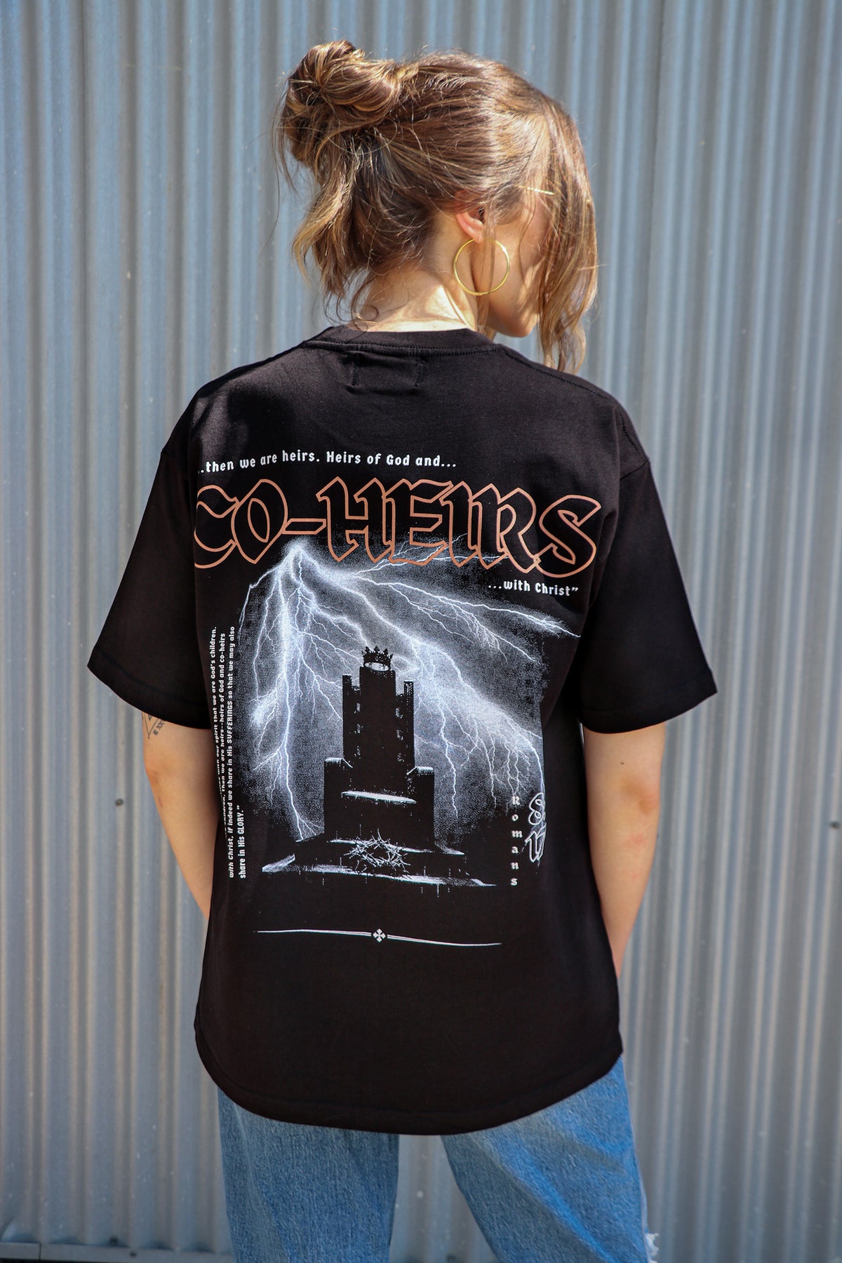 Co-Heirs Tee back – Co-Heirs with Christ lightning castle gothic graphic with Romans 8